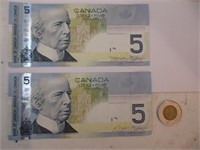 2 billets de 5$ canadien 2006