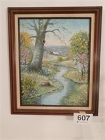 Oil on canvas country creek painting in frame,