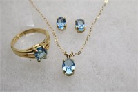 Gold Plated Sterling Blue Necklace, Earrings, Ring