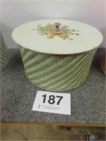 Jewel Tea green sewing basket, knob lid, Harvey