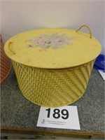 Jewel Tea yellow sewing basket, Princess label,