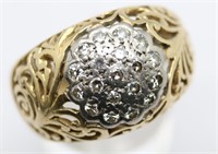 Man's 14K Gold Filigree Diamond Cluster  Ring