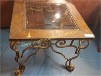 Metal Wood Style Filigree Side Table w/ Glass