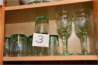 12 GREEN ETCHED GLASSES & 4 GOBLETS