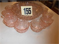 Pink Depression Punch Bowl & 12 Cups