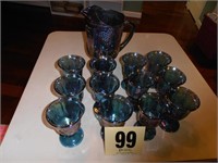 Blue Carnival Pitcher & 12 Glasses