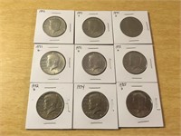 LOT OF 9 KENNEDY HALF DOLLARS IN CASES