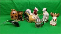 Ceramic Chicken, Reindeer, Bear & Glass Dolphin