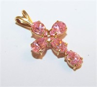 14k Gold Cross Pendant With Pink Stones
