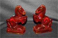 Pair Rearing Glass Horse Bookends, L.E. Smith