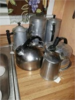 Vintage coffee pots, whistle teapot, and a Mug,