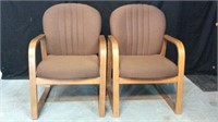 2 Matching Cushioned Oak Framed Arm Chairs -FD