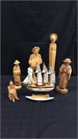 Wooden Carved Figurines & Wooden Sail Boat - S11