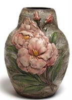 Ceramic Vase with Molded Peony Flower to Side