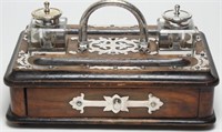 Antique Wood & Silver-Plate Portable Inkwell Set