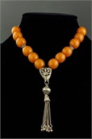 Chinese Amber Necklace with Silver Beads & Pendant