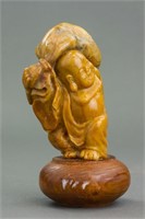Chinese Brown Jade Carved Happy Buddha Statue