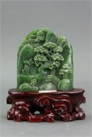 Chinese Hetian Green Jade Carved Boulder with Cert