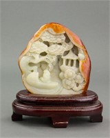 Hetian Green Jade Caved Boulder with Wood Stand