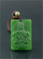 Chinese Green Hardstone Carved Guanyin Pendant