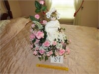 Lovely Flower Arrangement w/Doll & Crate wood