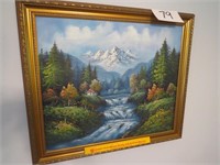 Oil on Canvas Painting w/Gold Frame River Scene -