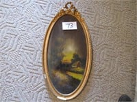 Old Oval Framed Painting in Ornate Gold Frame Has