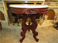 Antique Marble Top Carved Wood Side Table Oval