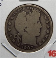 1907-S Barber Silver Half Dollar.