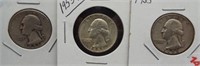 (3) Washington Silver Quarters. Dates: 1953,