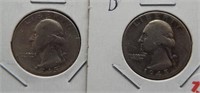 (2) Washington Silver Quarters. Dates: 1945-D,