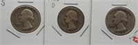 (3) Washington Silver Quarters. Dates: 1936,
