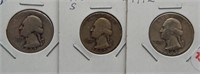 (3) Washington Silver Quarters. Dates: 1942,