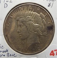 1922-D Peace Silver Dollar. Die Break Base of