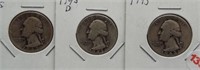 (3) Washington Silver Quarters. Dates: 1943,