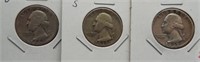 (3) Washington Silver Quarters. Dates: 1937,