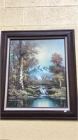 Framed oil painting on canvas of a mountain