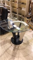 Modern pedestal glass top table, 30 x 40" in