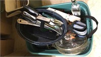 Kitchen utensils, granite ware roaster, glass