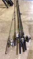 Group of 6 fishing rods with four fishing reels ,