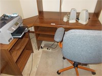 Computer desk, speakers, printer, as shown.