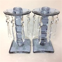 Pair of Fostoria Tall Candlesticks with Prisms 7"