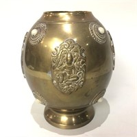 Asian Brass Vase with Jewels & Embellishments 7"