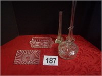 Misc. Glassware Lot - 5 Piece - 2 Vases, Candy