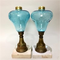 Pair Mantle Lamps with  Etched Grapes, Blue Glass
