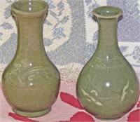 Two Korean Slip Decorated Celadon Vases