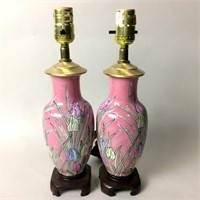 Pair of Enamel Painted Asian Lamps 14"