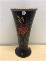 Black Glass Vase With Painted Flowers