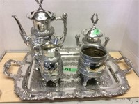 Silver Plate Tea Service W/serving Tray  4 Pcs