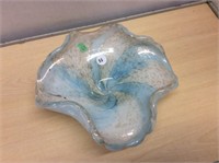 Blown Glass Dish - White,blue,gold - Small Chip